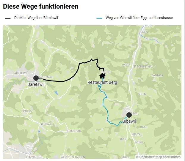 Über den TCS-Parkplatz kann man auch von Gibswil aus direkt zum Restaurant Berg gelangen. Der Weg zum Restaurant Berg, eingezeichnet von Gibswil und von Bäretswil aus.